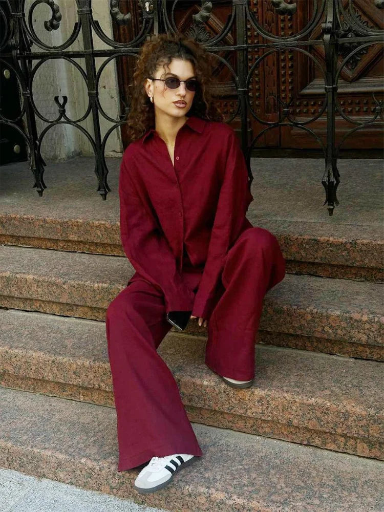 Cotton Linen Shirt Pants Set – Women’s Casual Loose Fit Suit Anitrendy UK Spring 2025