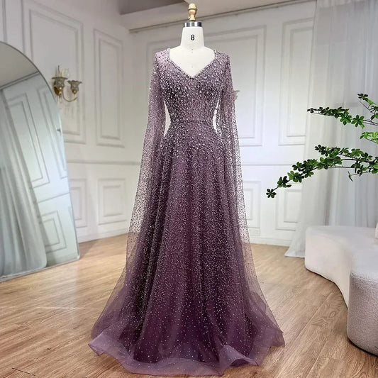 SERENE HILL Customized Arabic Purple Luxury Beaded A-Line Evening Dress 2025 Cape Sleeves Women Wedding Party Gown CLA72147A