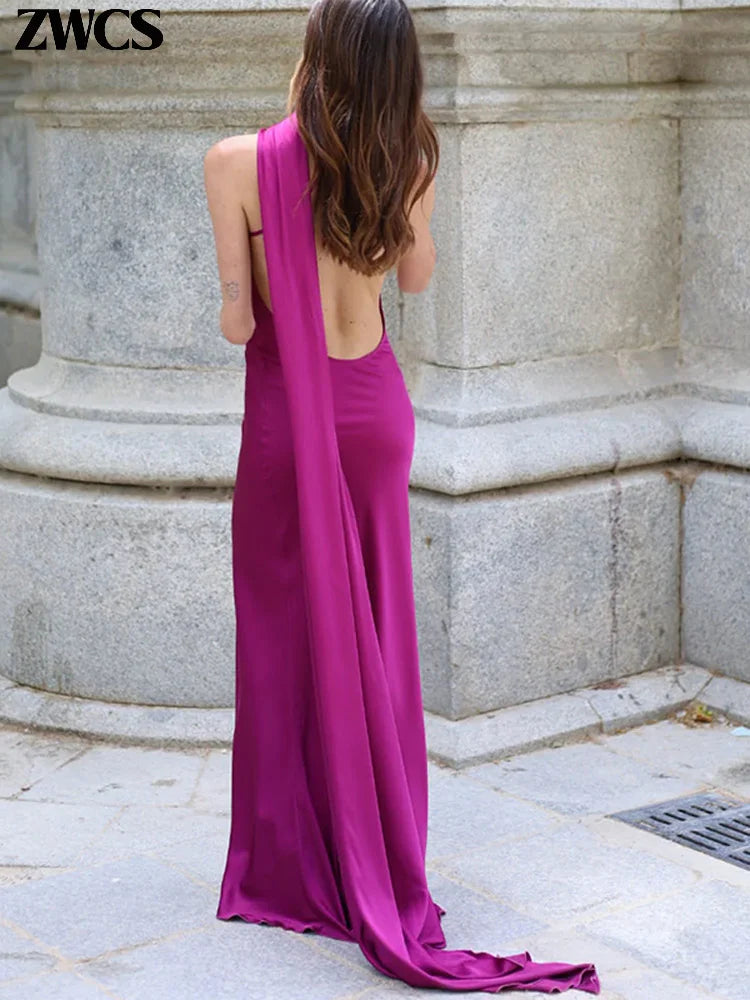 Elegant Satin Ribbons Halter Party Dress Women's Sexy Backless Off Shoulder Sleeveless Robes 2025 Summer New Lady Evening Gowns