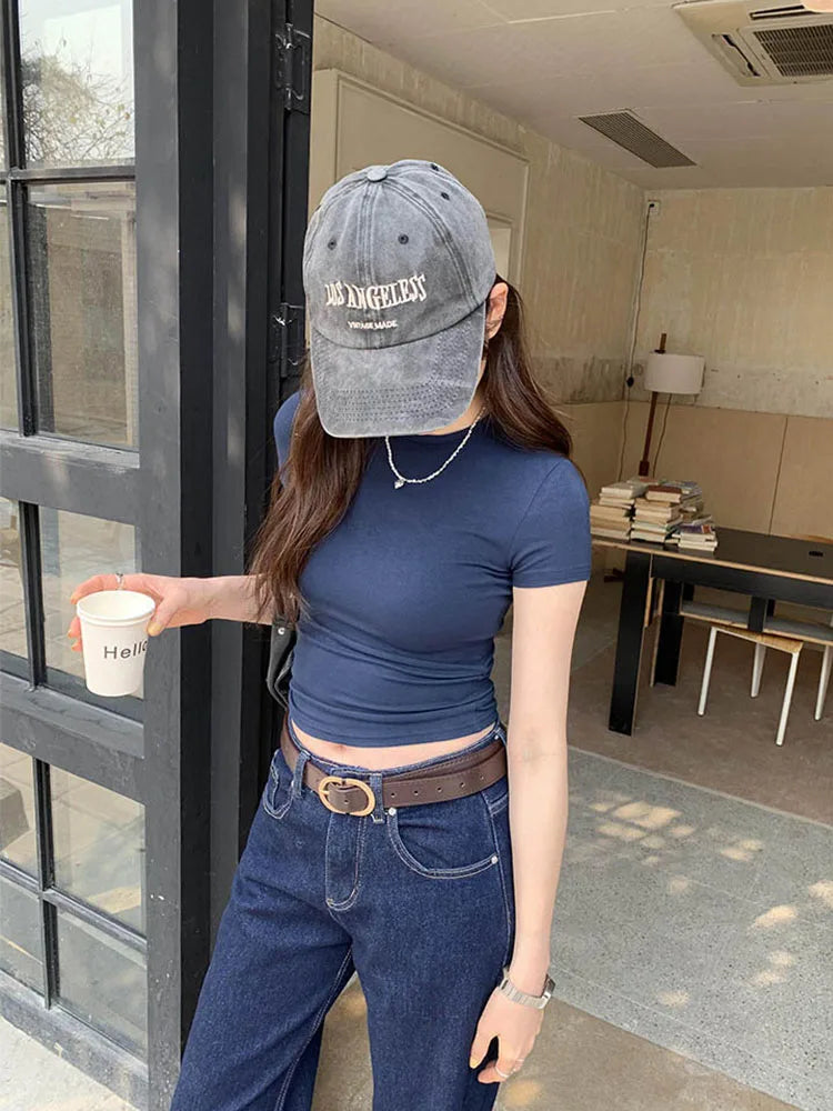 Basic Solid Crop Top Short Sleeve – Anitrendy Skinny Crewneck Tee for Women UK Summer 2025