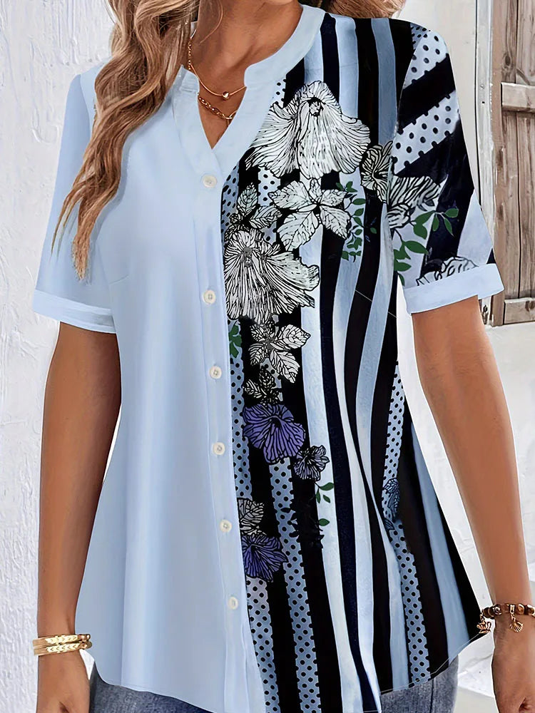 Plus Size Striped Floral Print Blouse – Women’s Casual V-Neck Half Sleeve Top UK