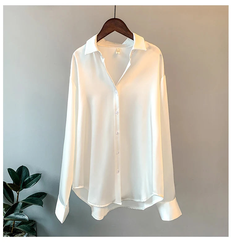 Office Lady Satin Blouse – Women’s Long Sleeve Elegant Shirt, Korean Designer Style UK