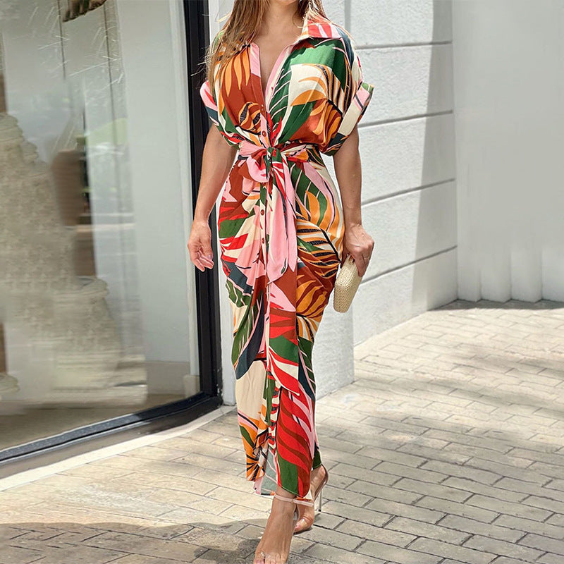 Anitrendy Floral Print Short-Sleeve Belted Shirt Dress – Elegant High-Waist Midi Dress for Women, Single-Breasted Design, S–3XL
