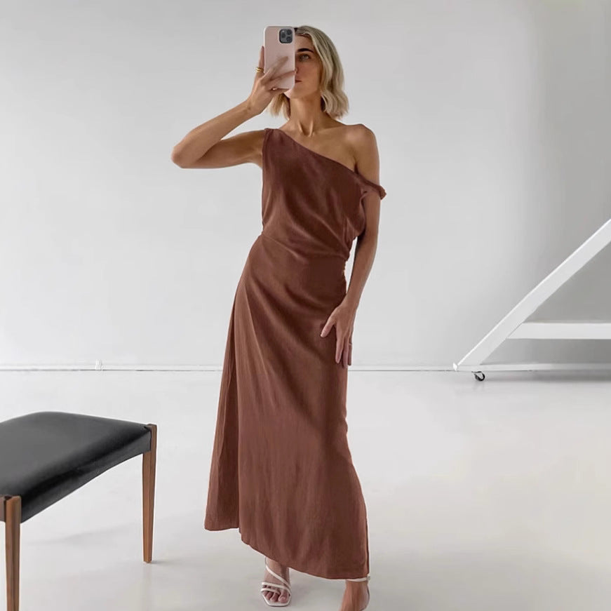Off shoulder dress women's waist cinched diagonal collar cotton linen long skirt A-line skirt
