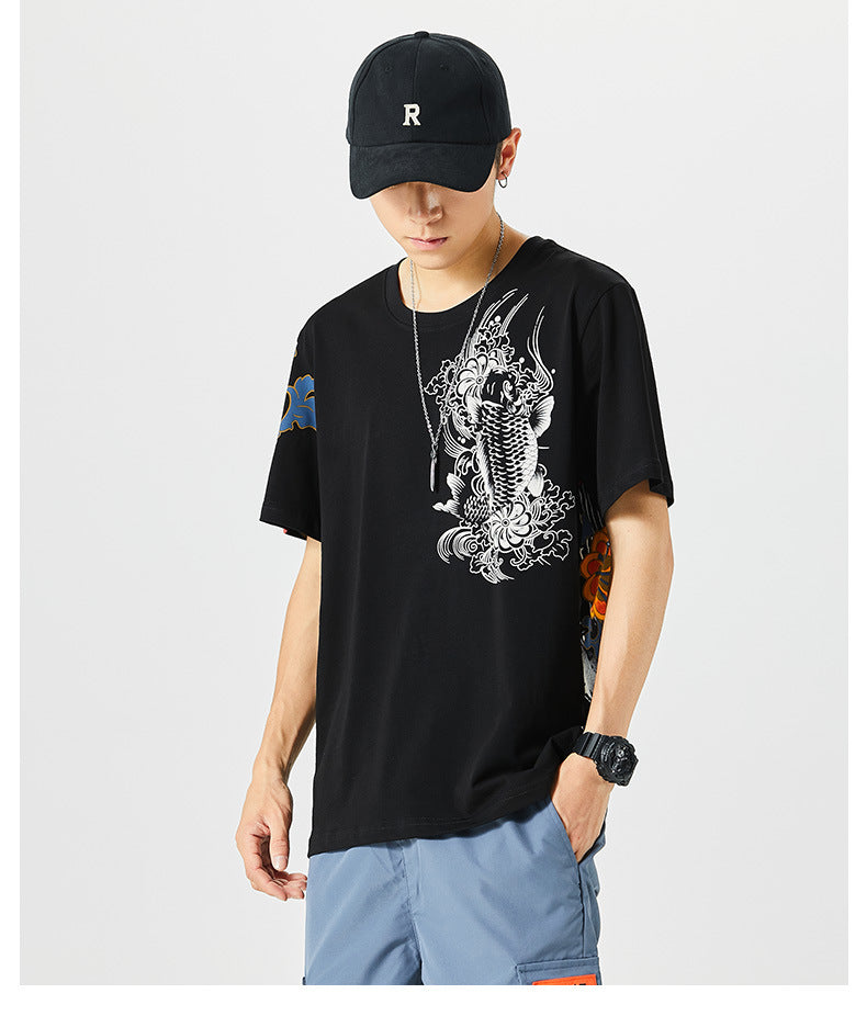 Summer New China Chic Carp Embroidery Short Sleeve T shirt Men Loose Large Cotton Half Sleeve Top Men Wear