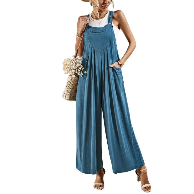 Solid color suspender pants for women's summer loose wide leg jumpsuit