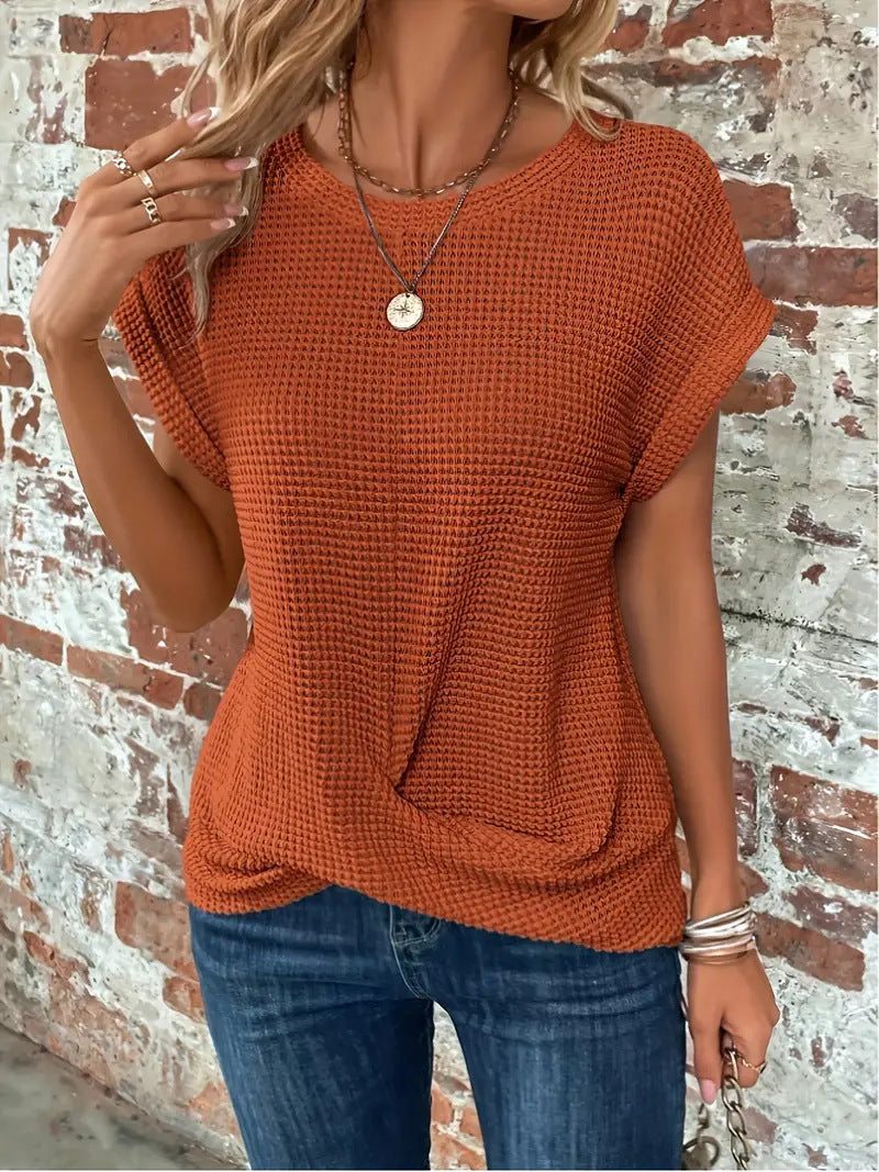 Solid Color Round Neck T-Shirt with Elegant Short Twisted Hem for Spring and Summer Women's Wear