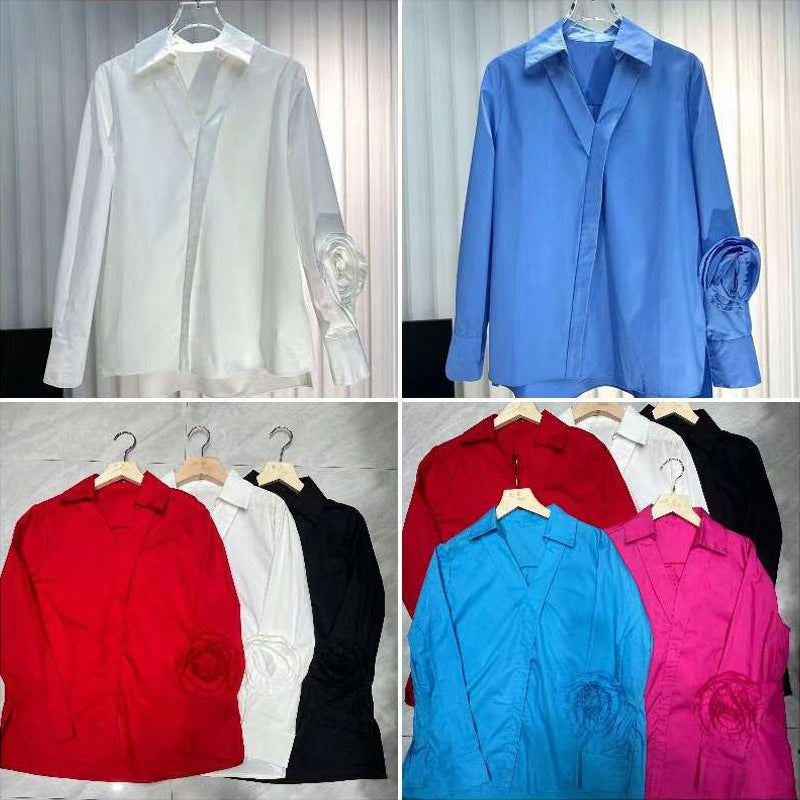 Early spring women's design sense three-dimensional flower shirt long sleeve solid color loose shirt