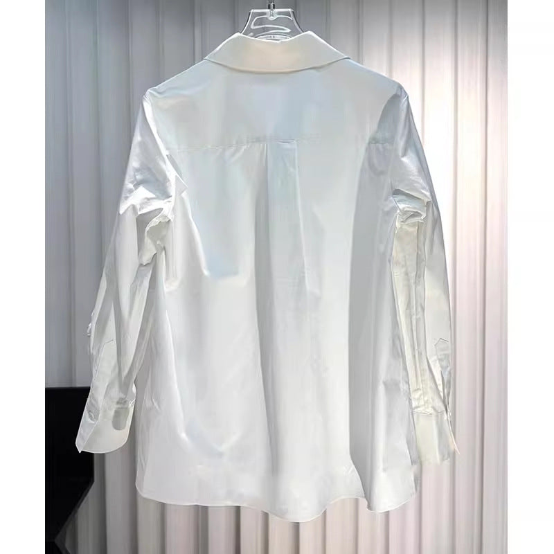 Early spring women's design sense three-dimensional flower shirt long sleeve solid color loose shirt