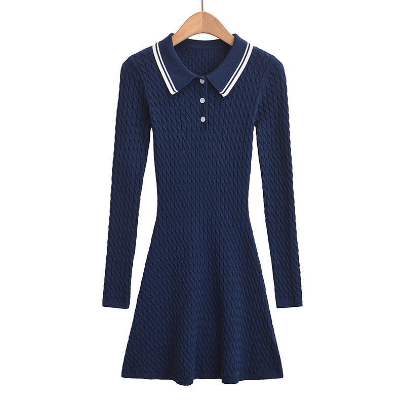 Women's polo collar button design, slim fit and waist cinching, spicy girl long sleeved knitted dress