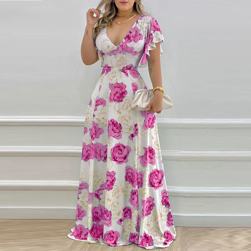 V-neck printed long sleeved dress with large swing and waist length
