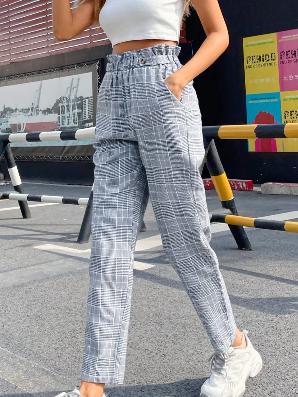 Fashionable temperament high waisted plaid straight leg pants