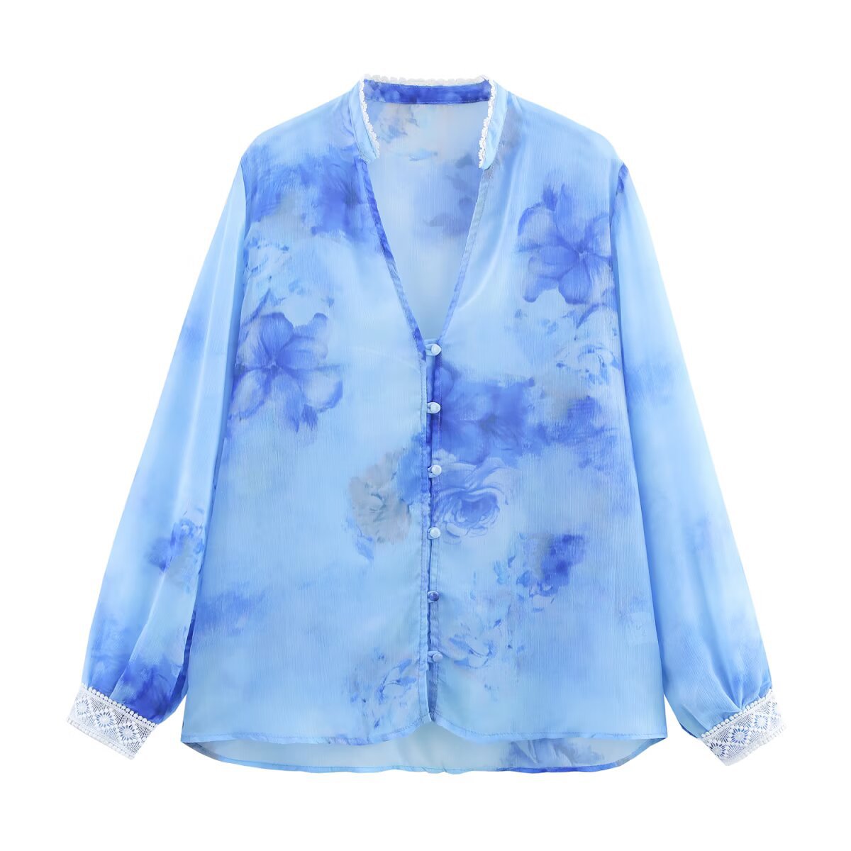 Women's Clothing Spliced Lace Small V-neck Lantern Sleeve Blouse
