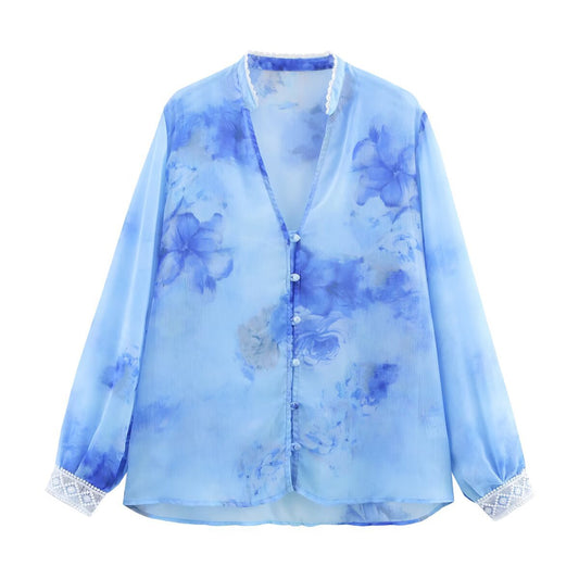 Women's Clothing Spliced Lace Small V-neck Lantern Sleeve Blouse