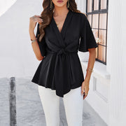 Women's Spring/Summer Solid Color Elegant Short Sleeve Strap Waist Top