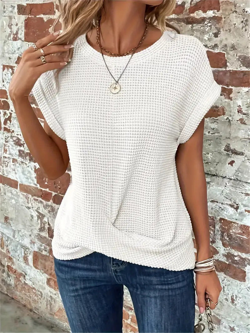 Solid Color Round Neck T-Shirt with Elegant Short Twisted Hem for Spring and Summer Women's Wear