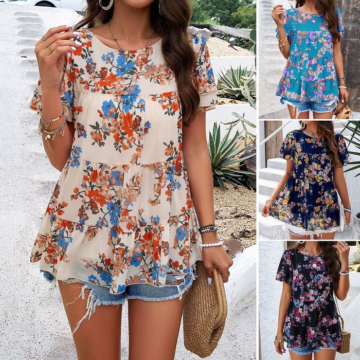 Spring and summer temperament casual printed short sleeved top