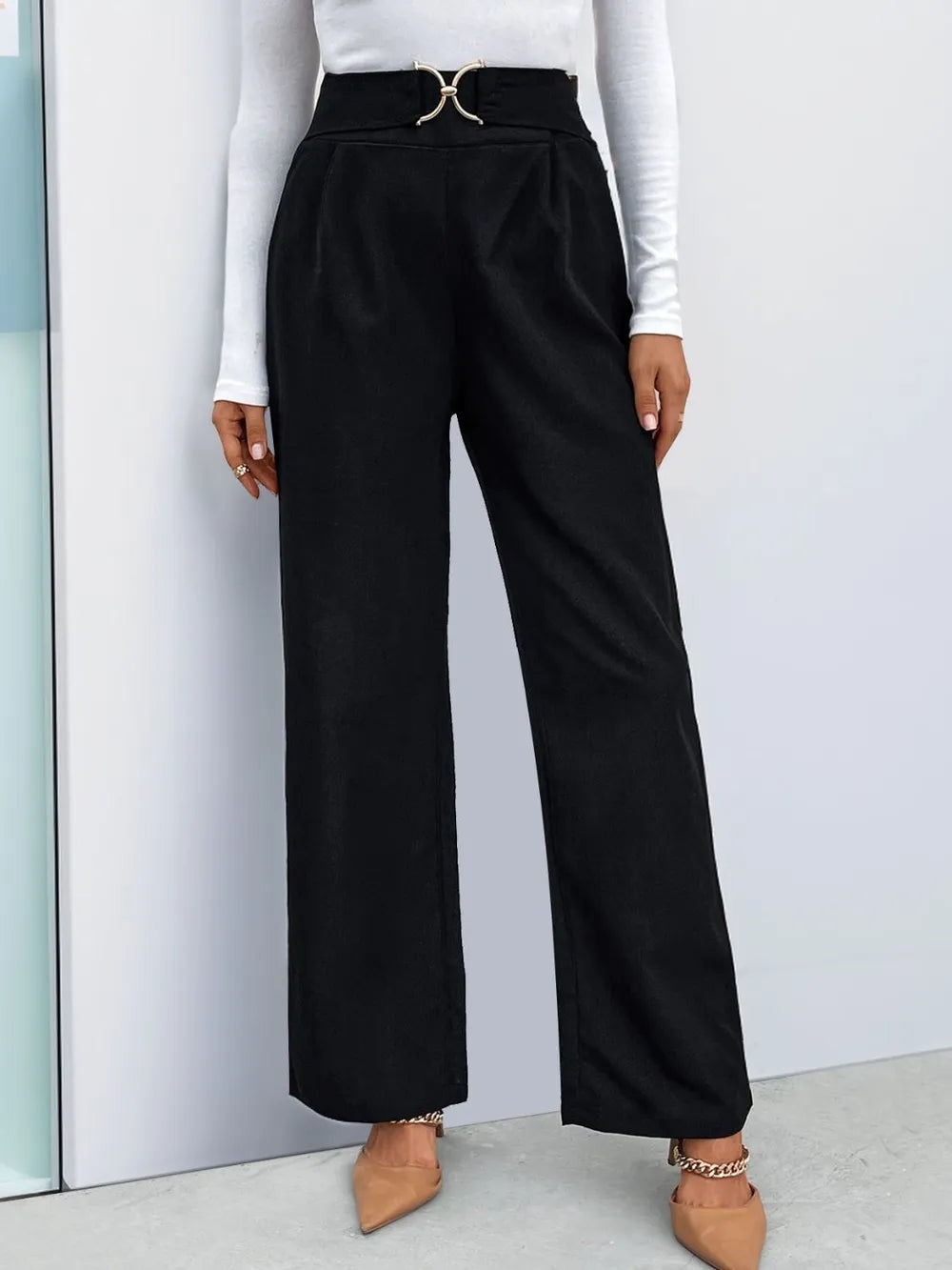 Autumn women's solid color with buckle high waisted straight leg pants