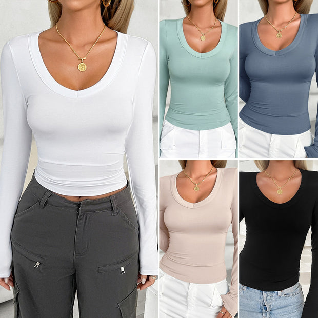 Spring and summer women's clothing temperament slim fit solid color U-neck long sleeves