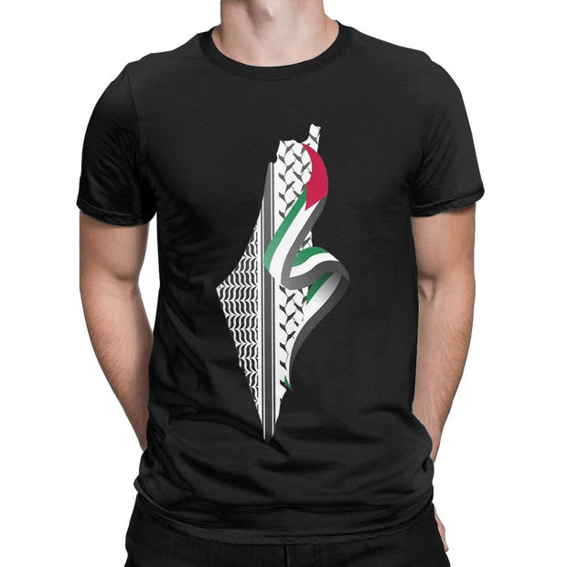 Retro Palestine Map T-shirt Men's Round Neck Cotton T-shirt Short sleeved T-shirt