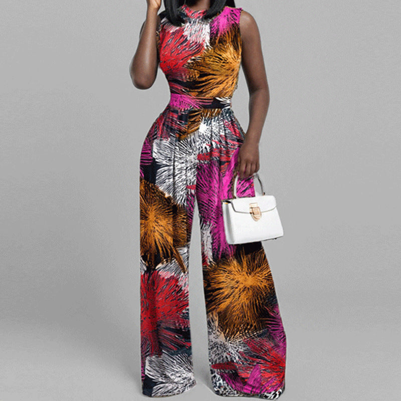 Long pants slim fit printed sleeveless women's jumpsuit