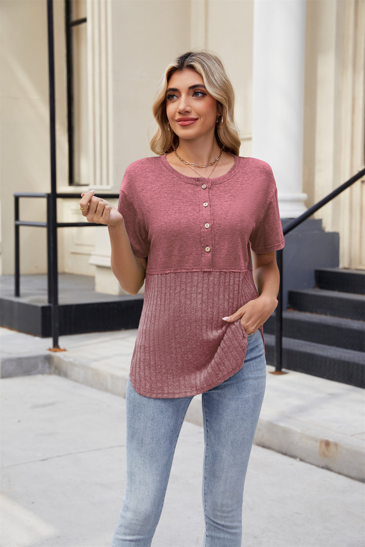 Women’s Color Block Knit Pullover Top with Short Sleeves and Round Neck Button Front – Casual Loose Fit for Everyday Comfort in Multiple Stylish Colors
