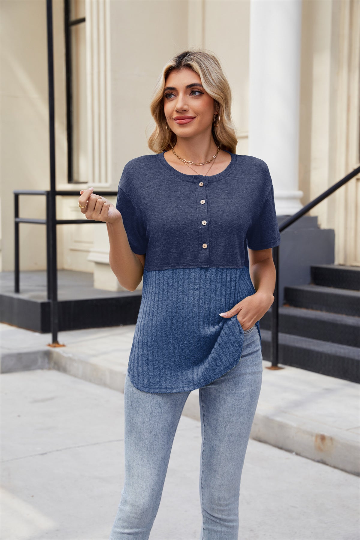 Women’s Color Block Knit Pullover Top with Short Sleeves and Round Neck Button Front – Casual Loose Fit for Everyday Comfort in Multiple Stylish Colors