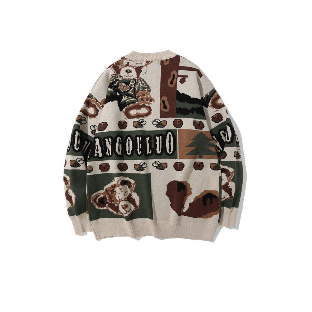 Retro Jacquard Knitted Sweater Men's Loose Round Neck Color blocked Knitted Sweater Long Sleeve