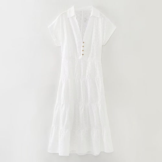 Fashionable hollowed out embroidered shirt style MIDI dress for women