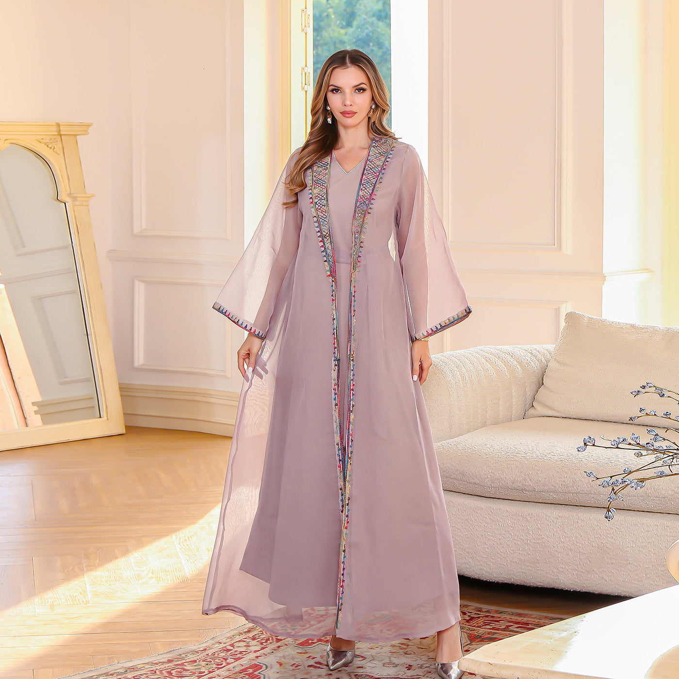 Muslim Two-Piece Dress Set Embroidered Mesh Long Dress Elegant Women's Maxi Dress