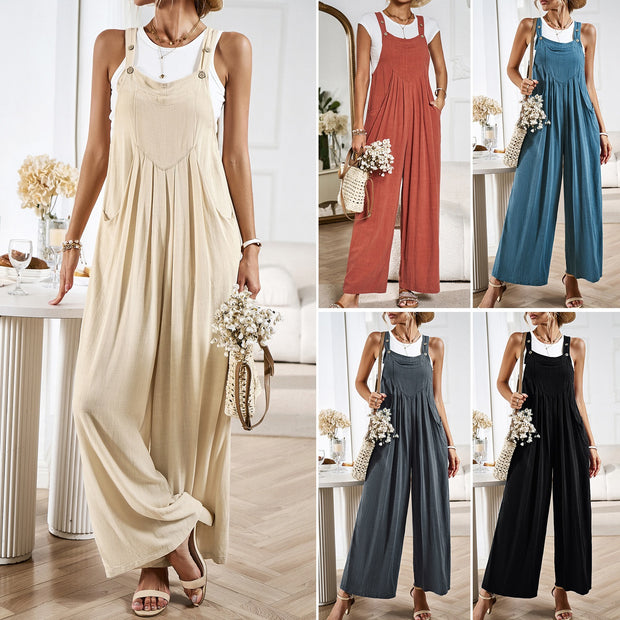 Solid color suspender pants for women's summer loose wide leg jumpsuit