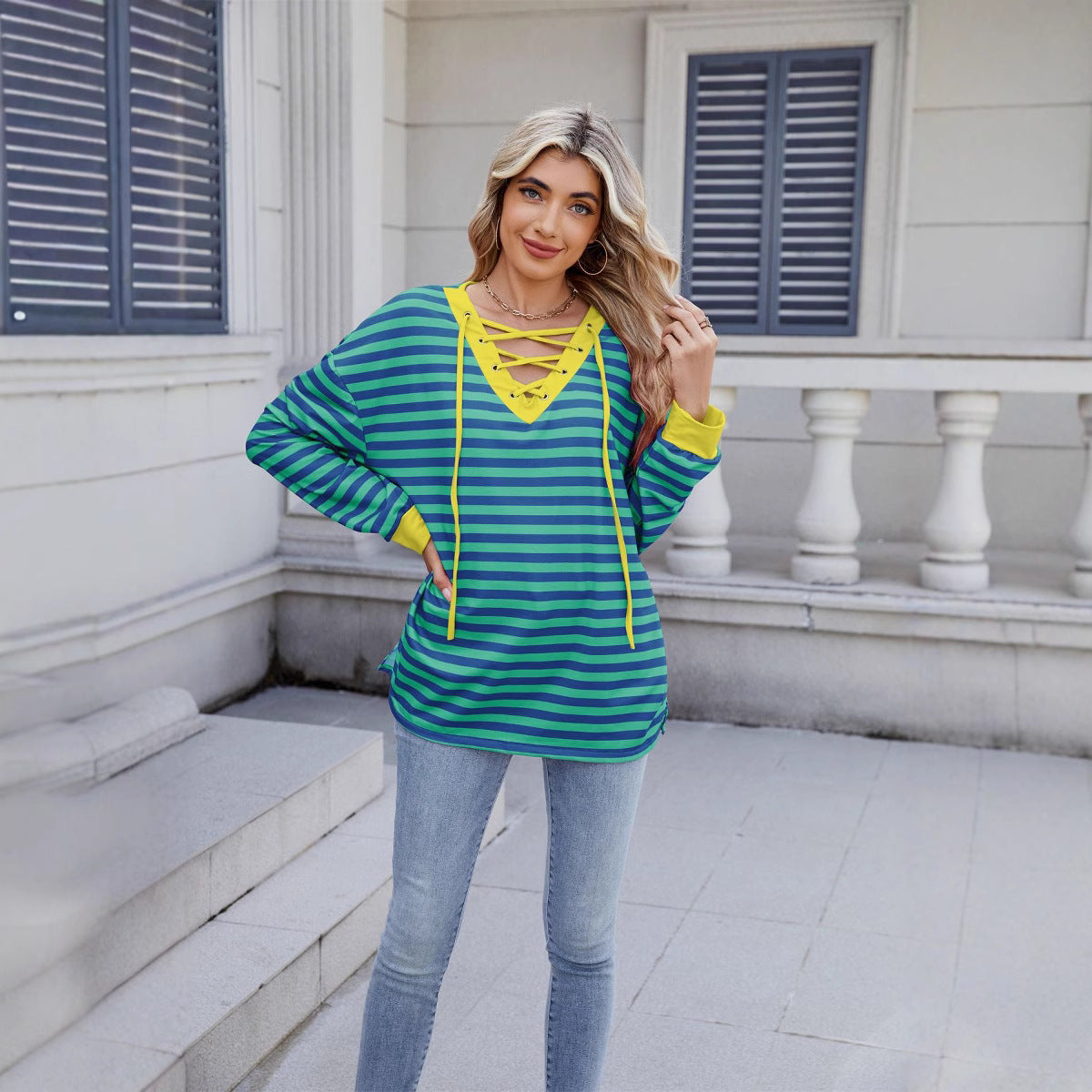 Anitrendy Women’s Striped V-Neck Long-Sleeve Hoodie with Belt Detail – Casual Fashion Pullover for All Seasons, Sizes S–2XL