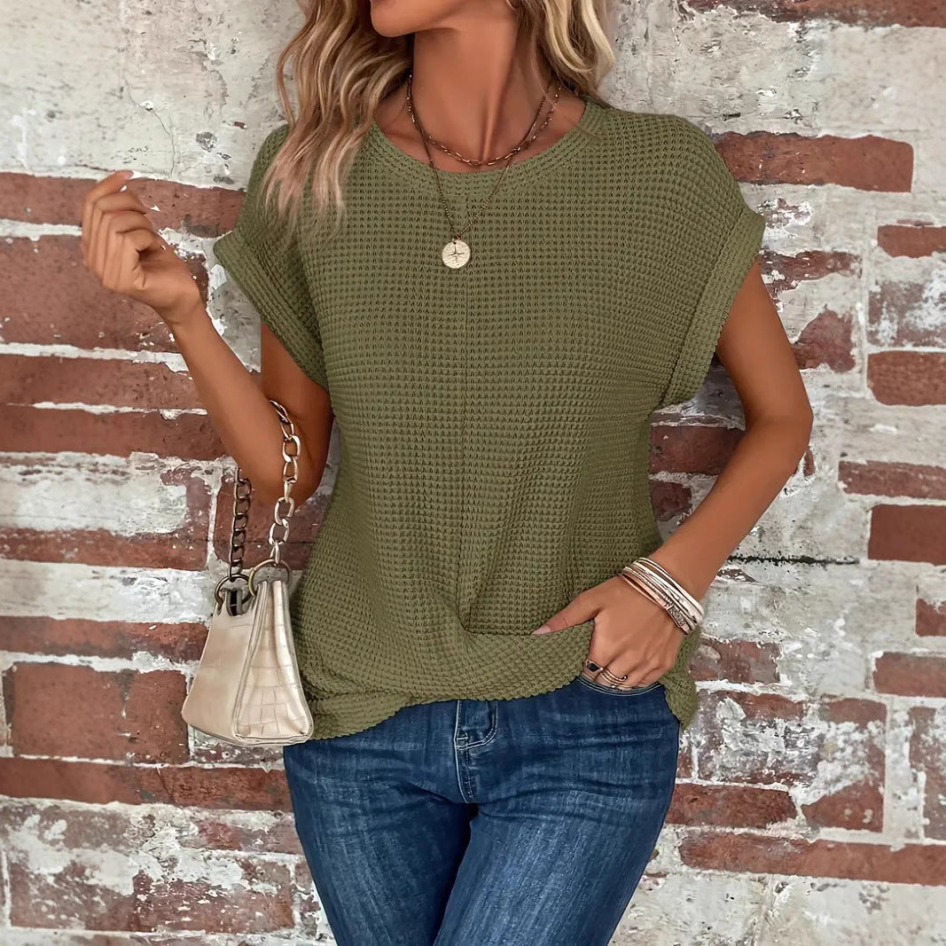 Solid Color Round Neck T-Shirt with Elegant Short Twisted Hem for Spring and Summer Women's Wear