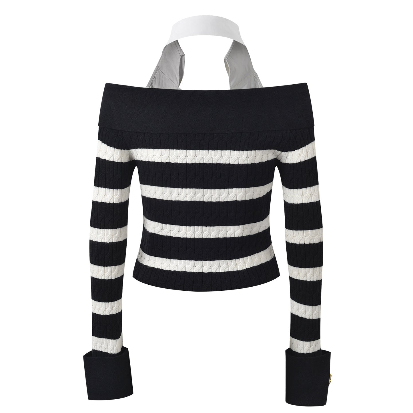 Rock Navy style shirt collar design nail bead buckle black and white striped off shoulder knit sweater