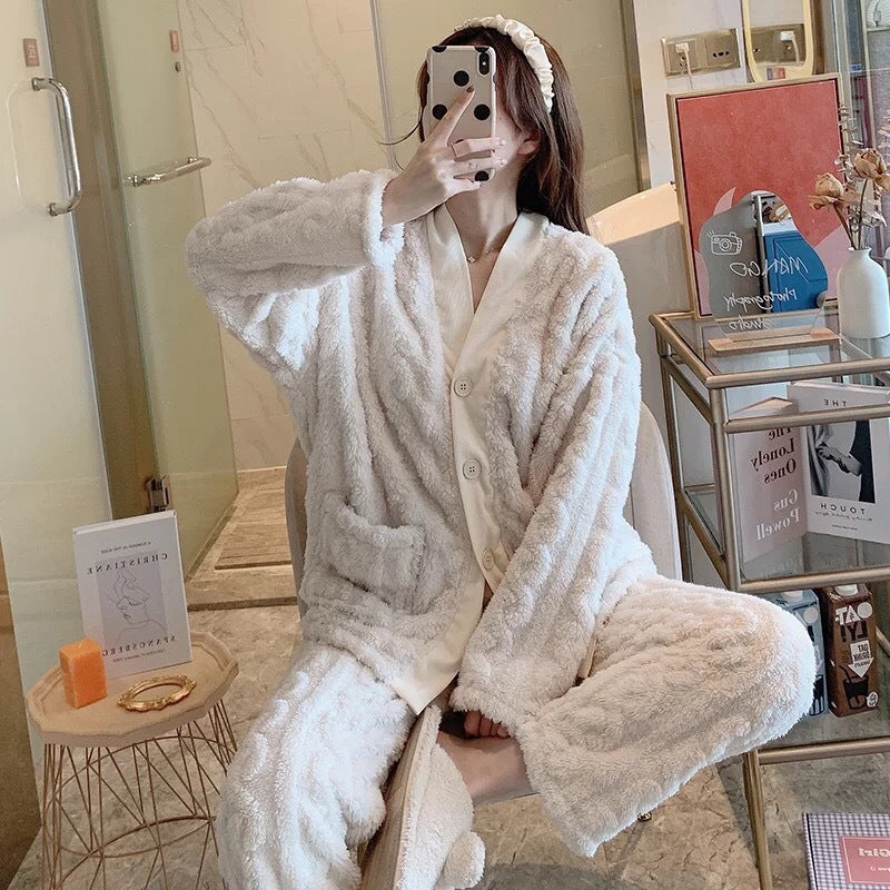 Autumn/winter Season High-end Coral Fleece Pajama Set Women's Long Sleeve Loose-fit Thickened Warm Suit