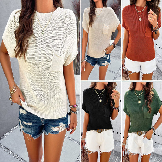 European and American Spring/Summer Elegance Casual Solid Color Short Sleeve High Neck Knitwear