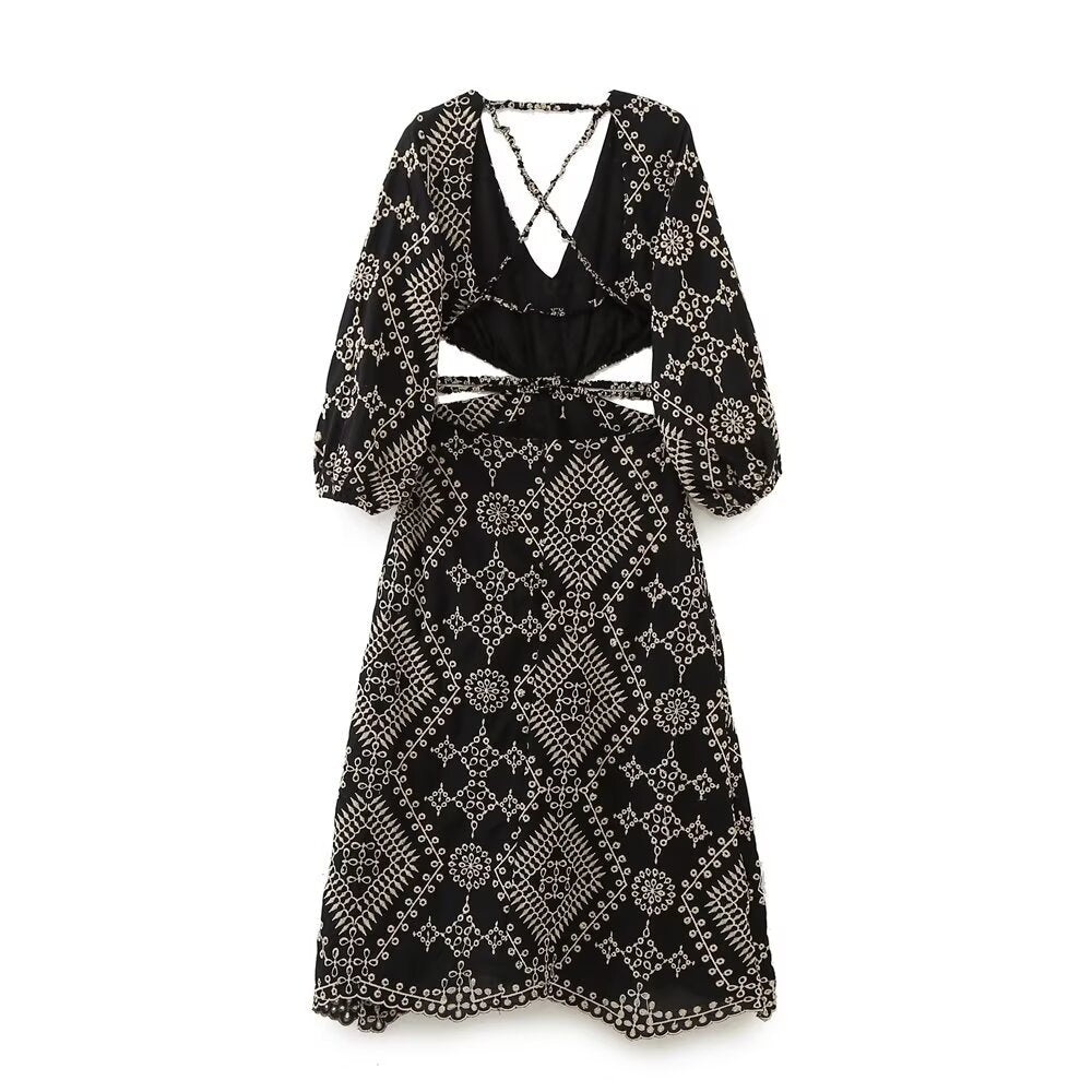 V-neck opening design embroidered MIDI long dress for women