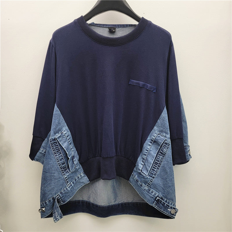 Retro style front short back long irregular patchwork denim design, round neck loose batball sleeve top for women