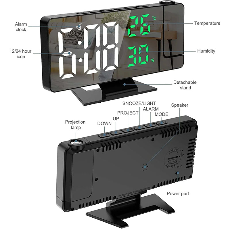 Digital Alarm Clock with Mirror Display, Projection, Temperature & Humidity – USB Powered