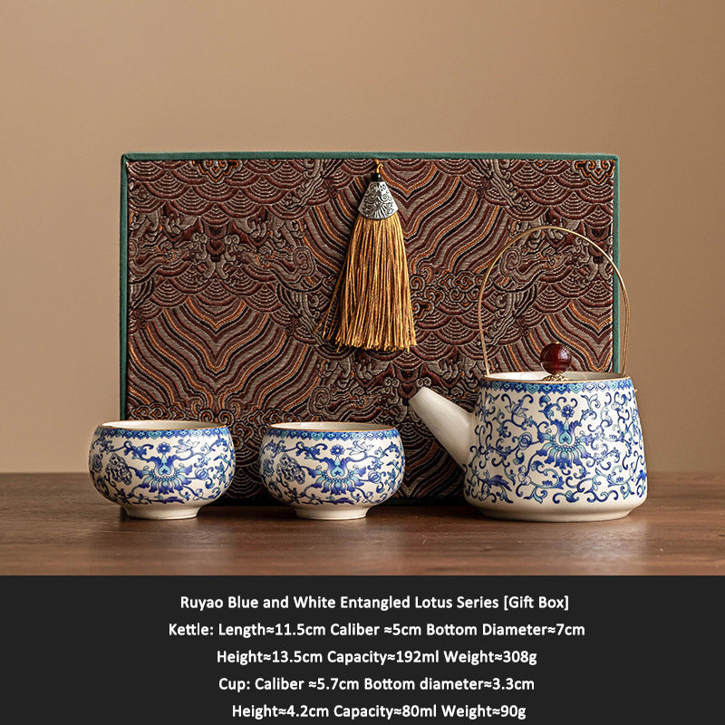 Ru Kiln Blue & White Teapot – Ceramic Luxury Gift Box for Elders, Home & Tea Lovers