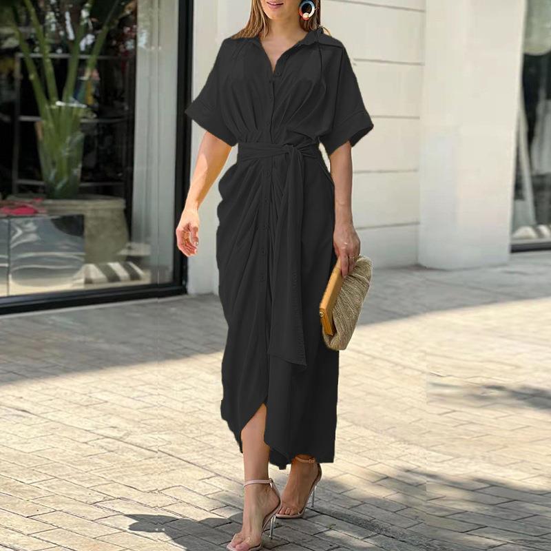 Anitrendy Floral Print Short-Sleeve Belted Shirt Dress – Elegant High-Waist Midi Dress for Women, Single-Breasted Design, S–3XL