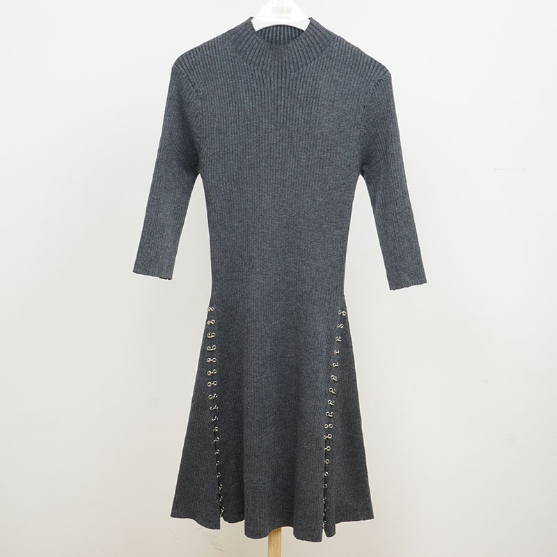 Slimming and slimming slit dress, feminine temperament, metal decoration, niche skirt