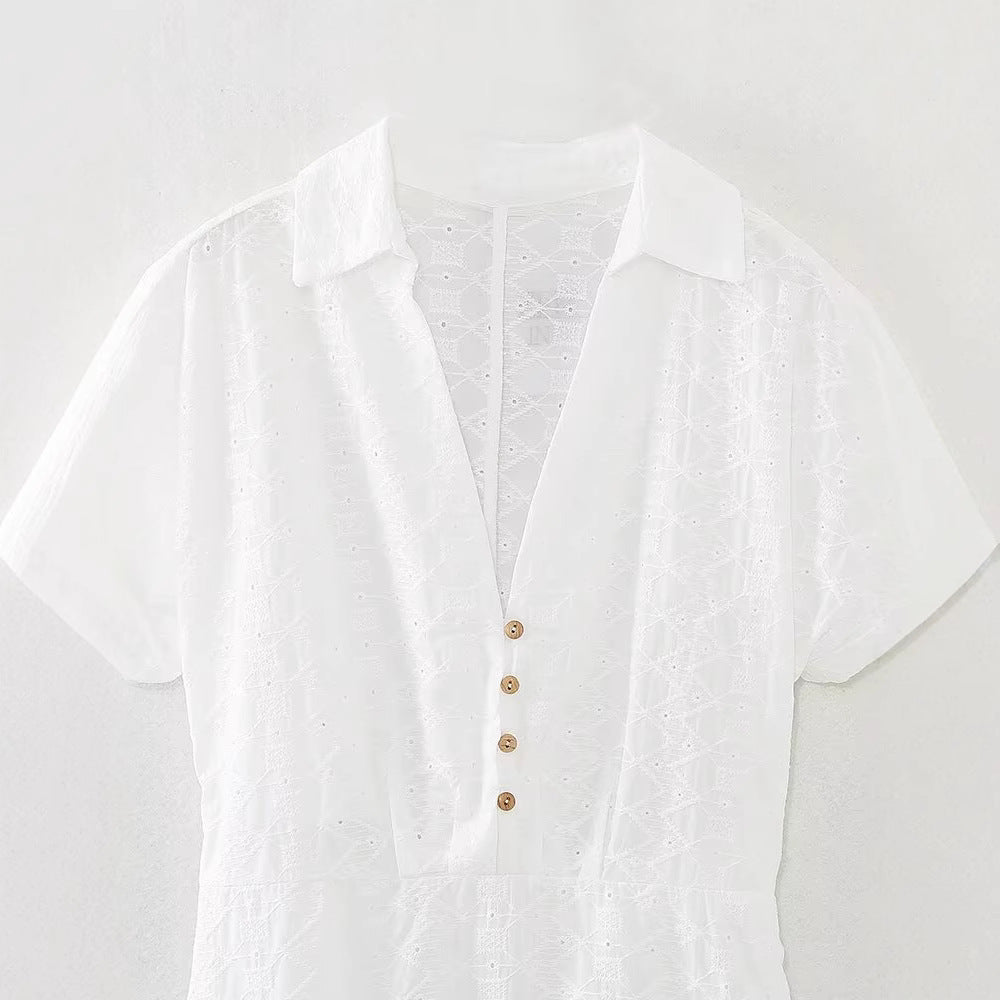 Fashionable hollowed out embroidered shirt style MIDI dress for women