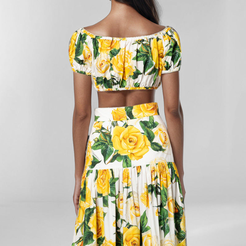 Anitrendy Elegant Yellow Floral Off-Shoulder Crop Top and High-Waist Long Skirt Two-Piece Set for Women S–3XL