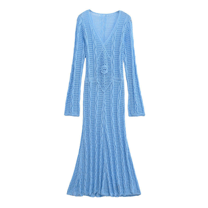 New women's clothing European and American fashion elegant temperament long sleeved V-neck knitted jumpsuit