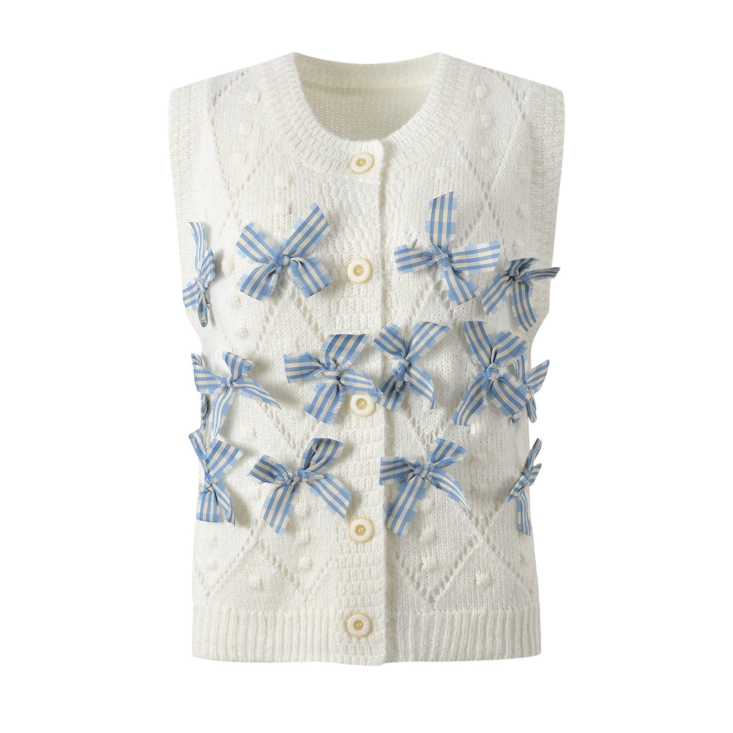 Early autumn new bow decoration niche design single breasted knitted vest short top for women