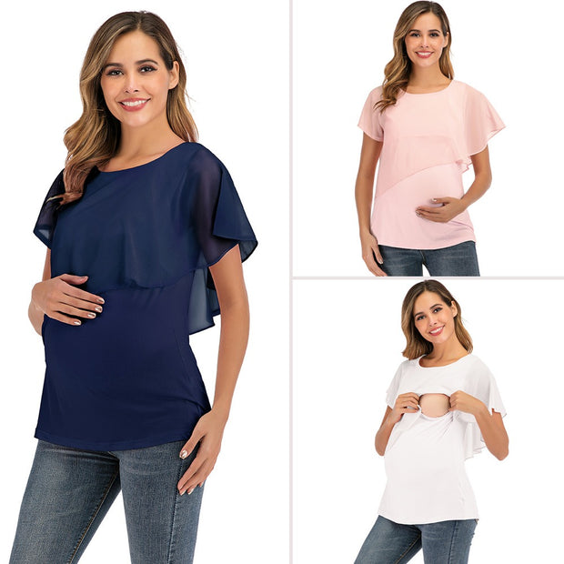 New women's top, T-shirt, maternity wear, summer European and American chiffon patchwork breastfeeding shirt, short sleeved