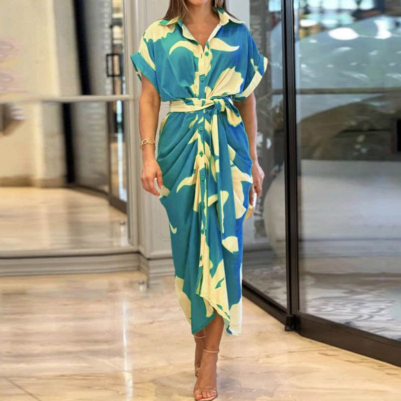 Anitrendy Floral Print Short-Sleeve Belted Shirt Dress – Elegant High-Waist Midi Dress for Women, Single-Breasted Design, S–3XL