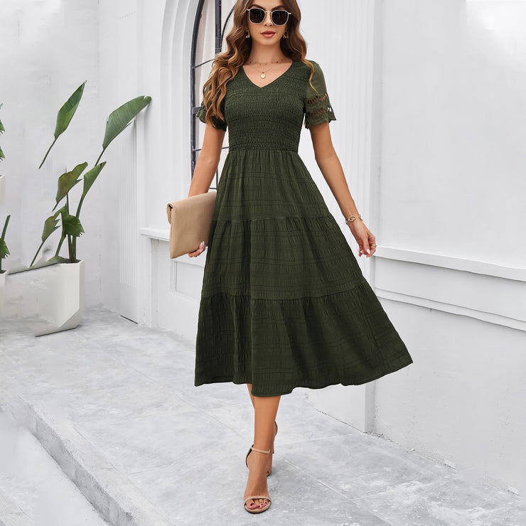 European and American women's spring and summer temperament solid color short sleeved V-neck dress