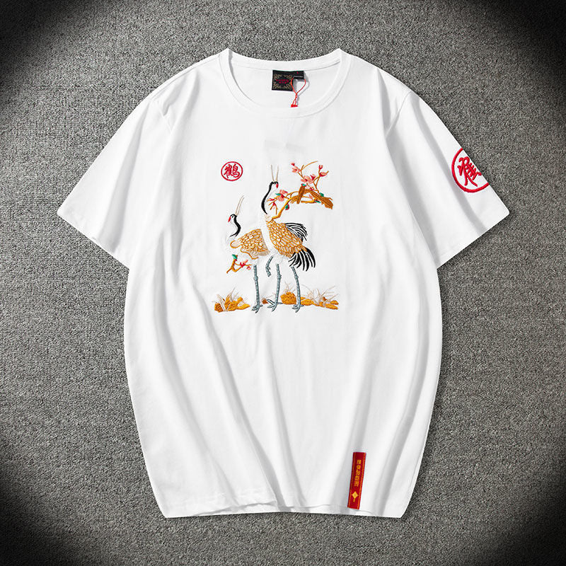 Spring casual men embroidered geometric pattern cotton pullover short sleeved fashion